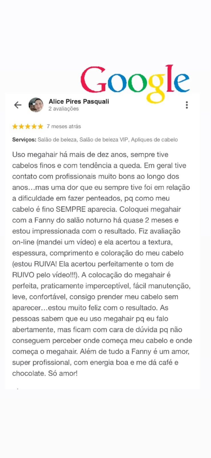 Print de avaliação de 5 estrelas de Alice Pires Pasquali