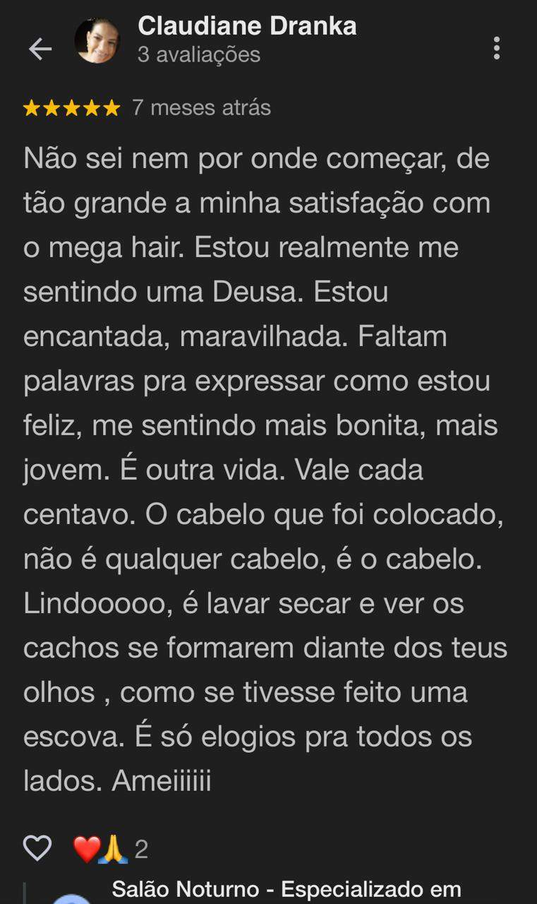 Print de avaliação de 5 estrelas de Claudiane Dranka sobre a técnica de megahair