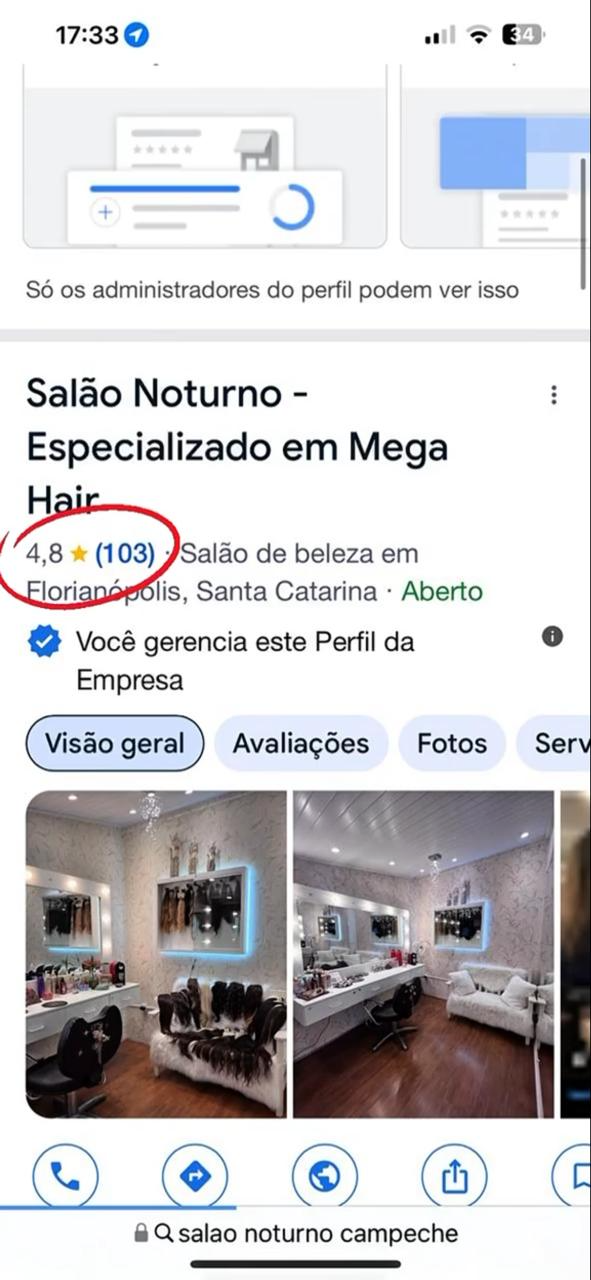 Print do perfil do Google do Salão Noturno com 4,8 estrelas e 103 avaliações